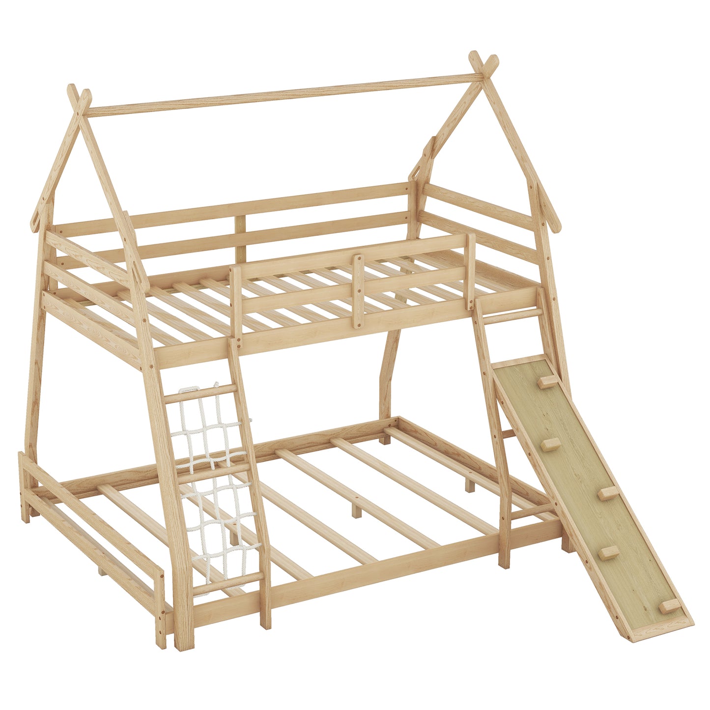 House Bunk Bed with Climbing Nets and Climbing Ramp for Twin and Queen Size, Natural