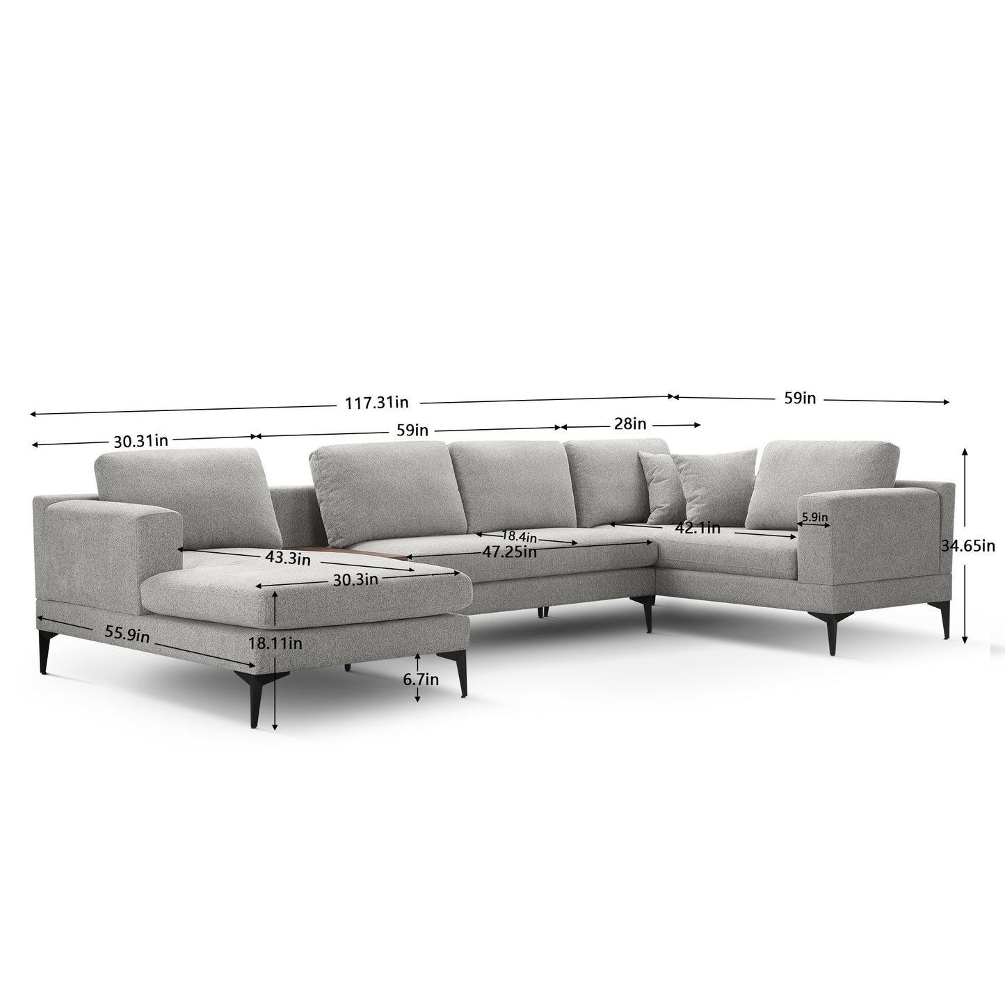 3-Piece U-Shape Upholstered Sectional Sofa Set with Reversible Chaise Lounge, Gray Texture