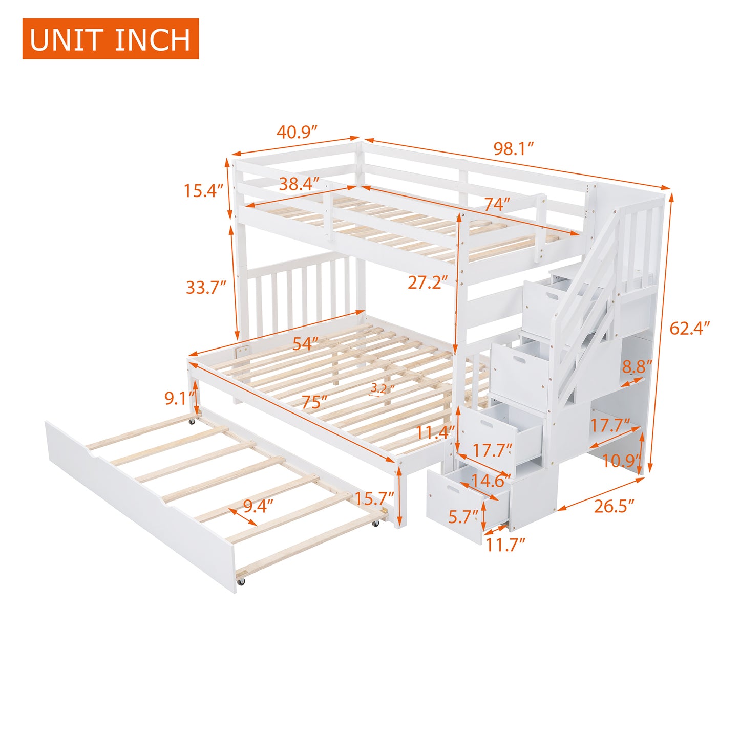 Stairway Bunk Bed with Trundle and Storage Drawers in White