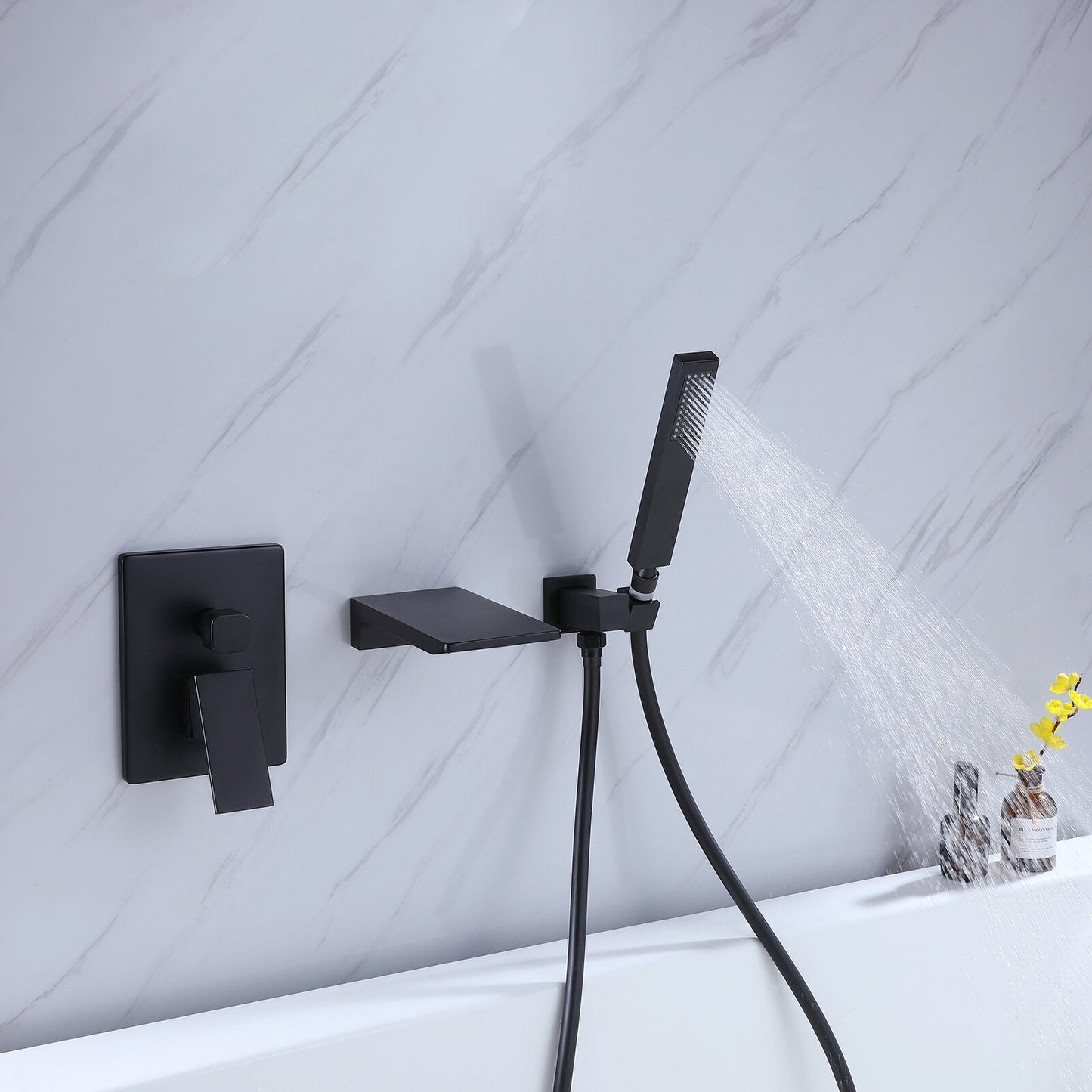 Matte Black Wall Mount Tub Faucet with Handheld Shower