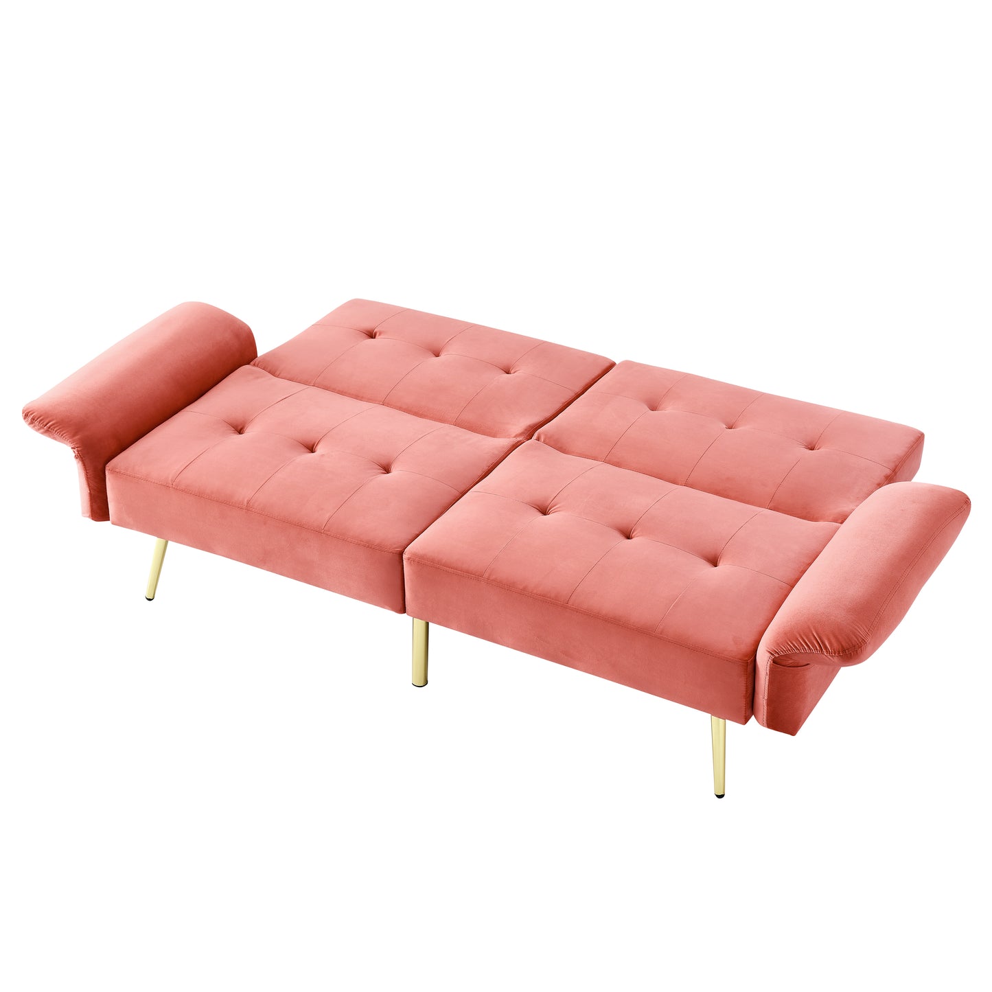 Pink Italian Velvet Convertible Sleeper Sofa Bed with Folded Armrests and Storage Bags