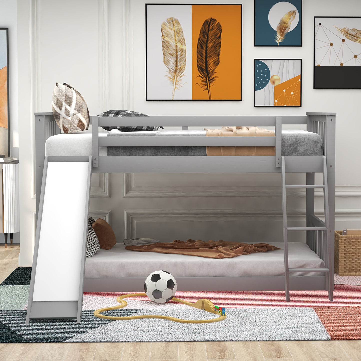 Gray Twin Bunk Bed with Removable Slide and Reversible Ladder