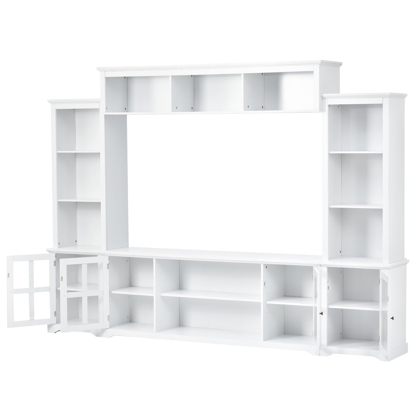 Modern White Entertainment Wall Unit with Bridge and Tempered Glass Door for TVs Up to 70