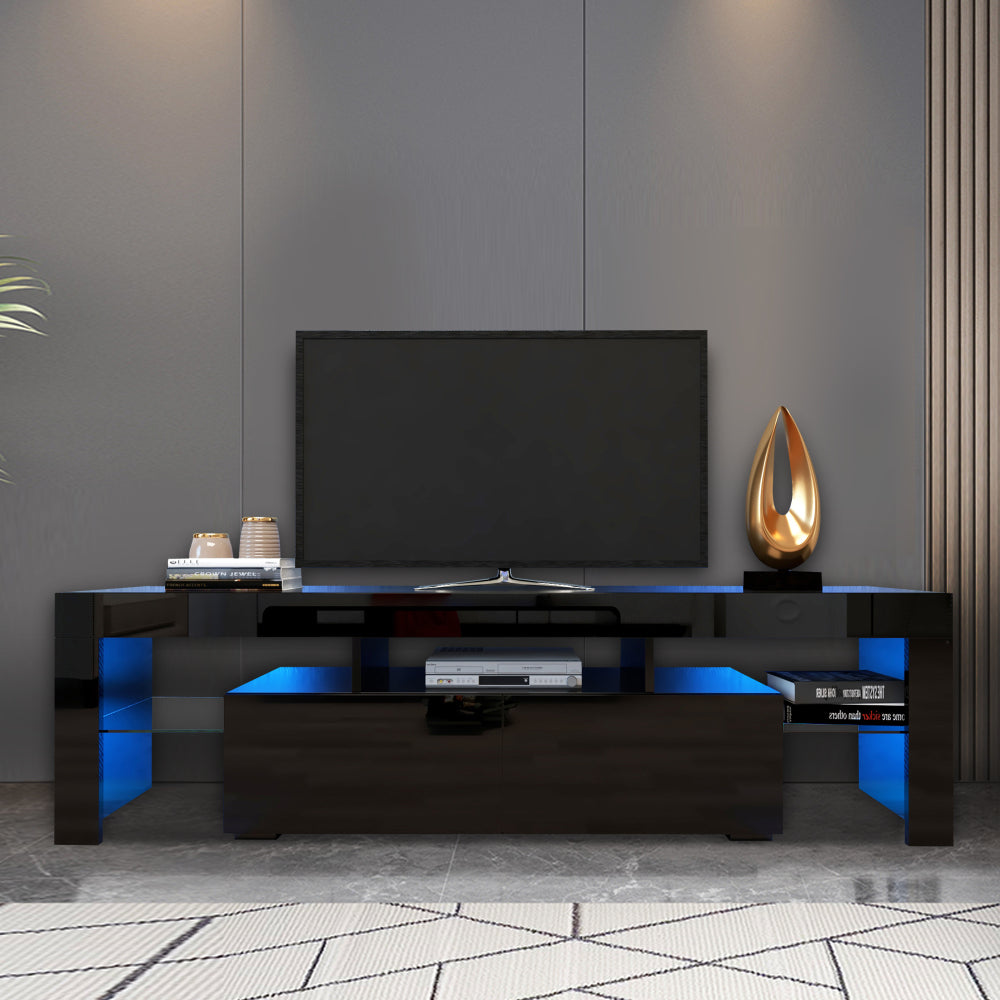 Sleek Black TV Stand with 20 Color LED Lights and Remote Control