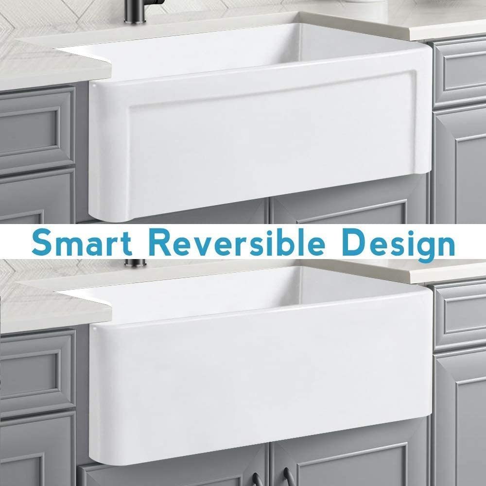 White Fireclay Farmhouse Kitchen Sink with Reversible Single Bowl