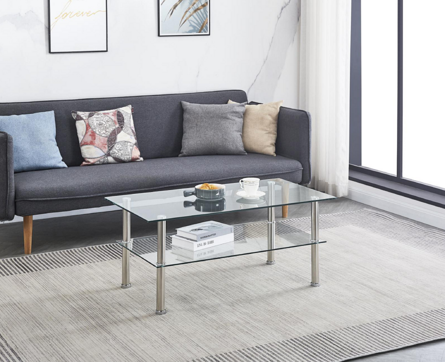 2-Tier Glass Coffee Table with Storage Shelves for Modern Living Room