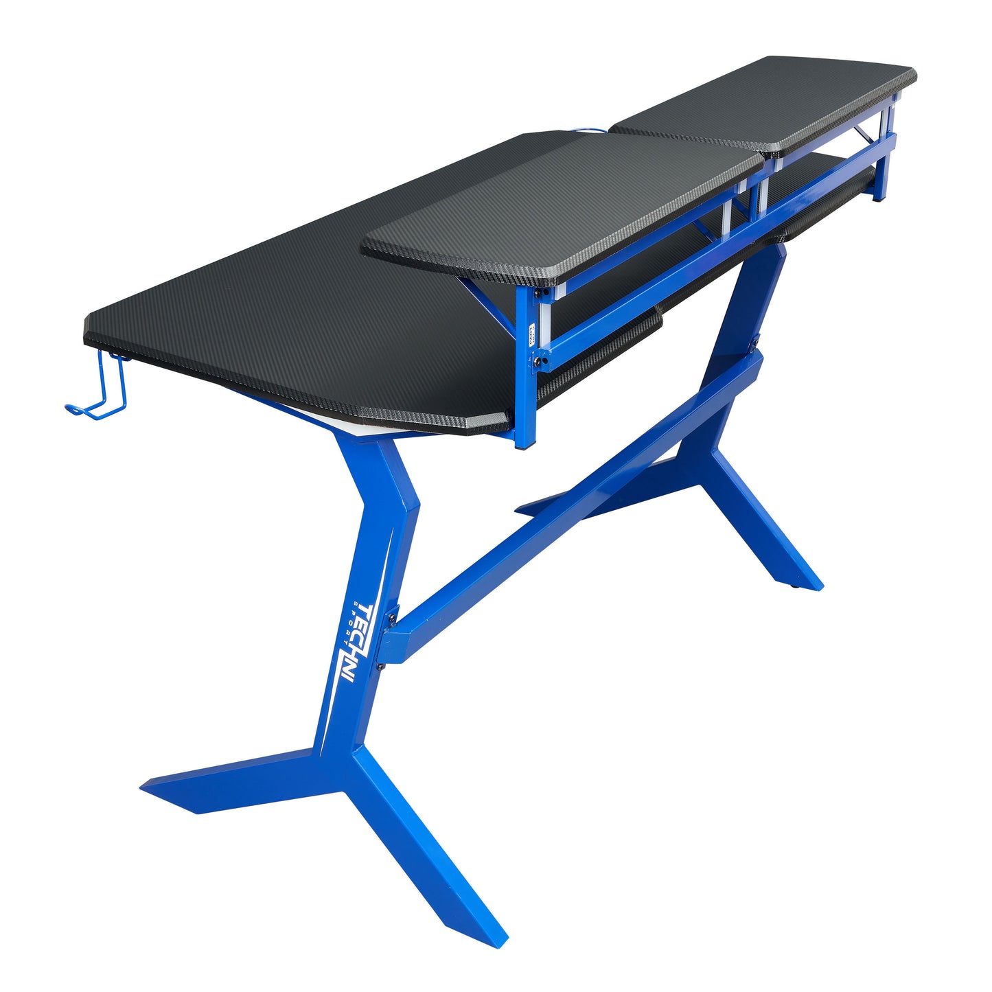 Techni Sport Blue Stryker Gaming Desk with Carbon Fiber Texture in Striking Blue