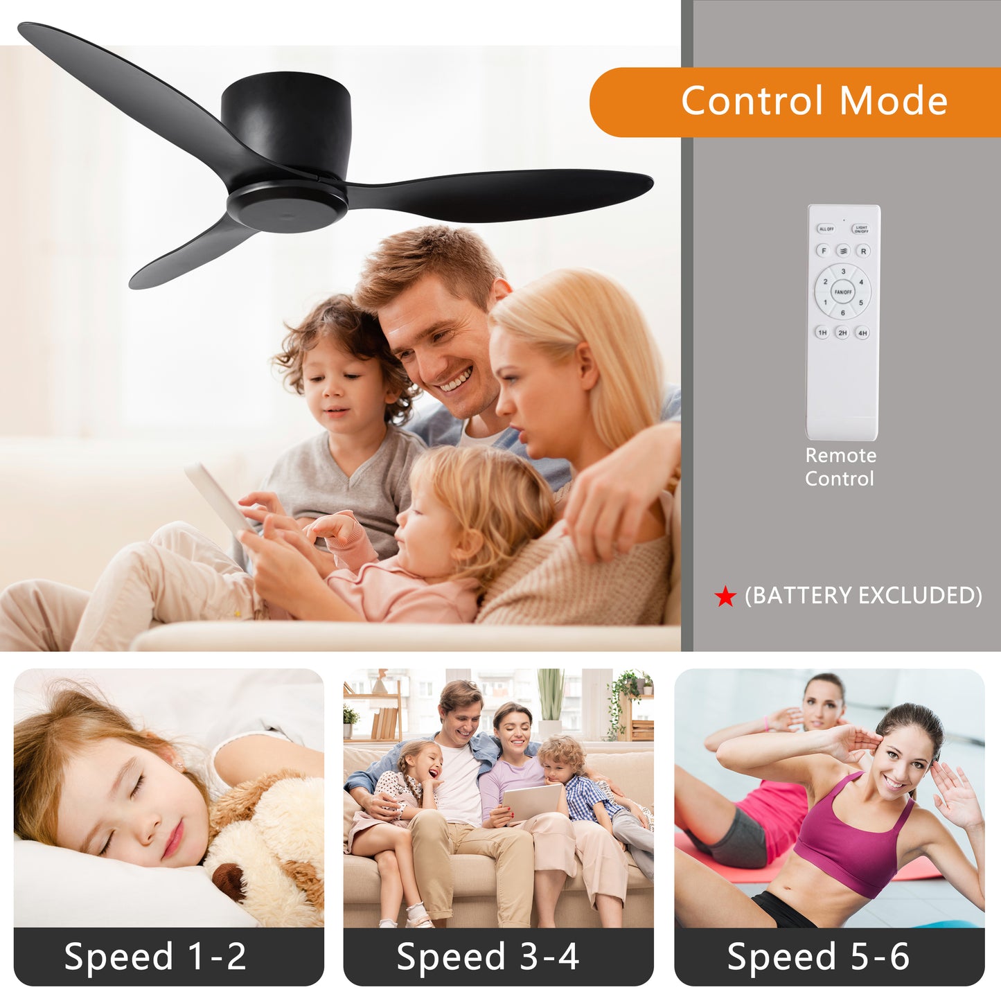 Quiet 42 Black Flush Mount Ceiling Fan with 6 Speeds Reversible Motor