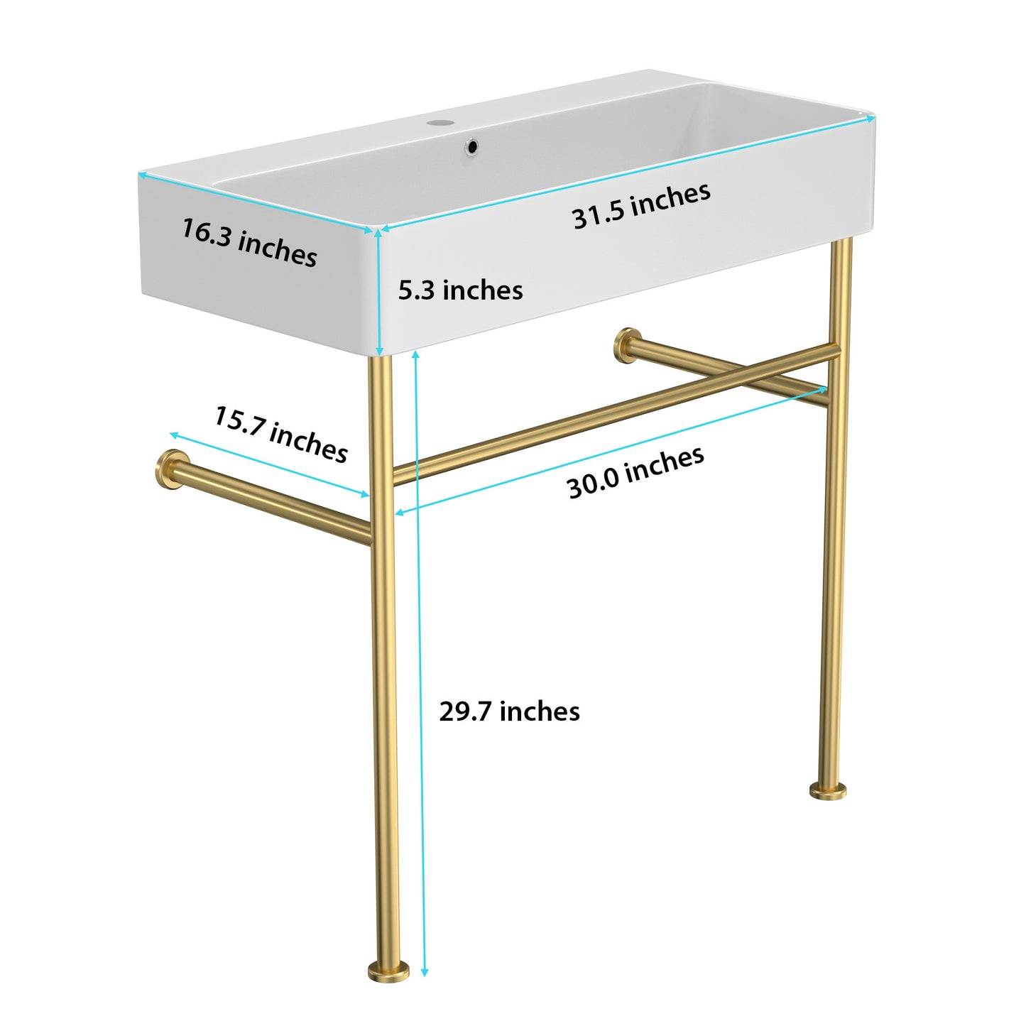 32" Bathroom Console Sink with Overflow,Ceramic Console Sink White Basin Gold Legs