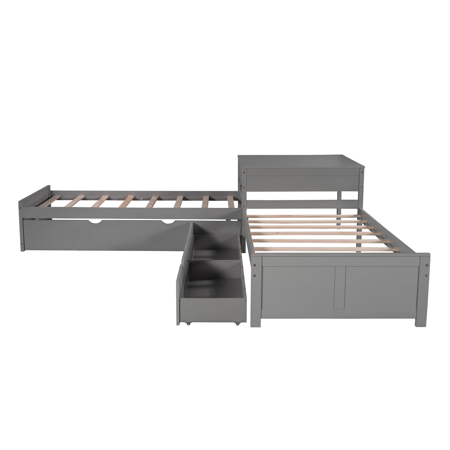 L-shaped Platform Bed with Trundle and Drawers Linked with built-in Desk,Twin,Gray