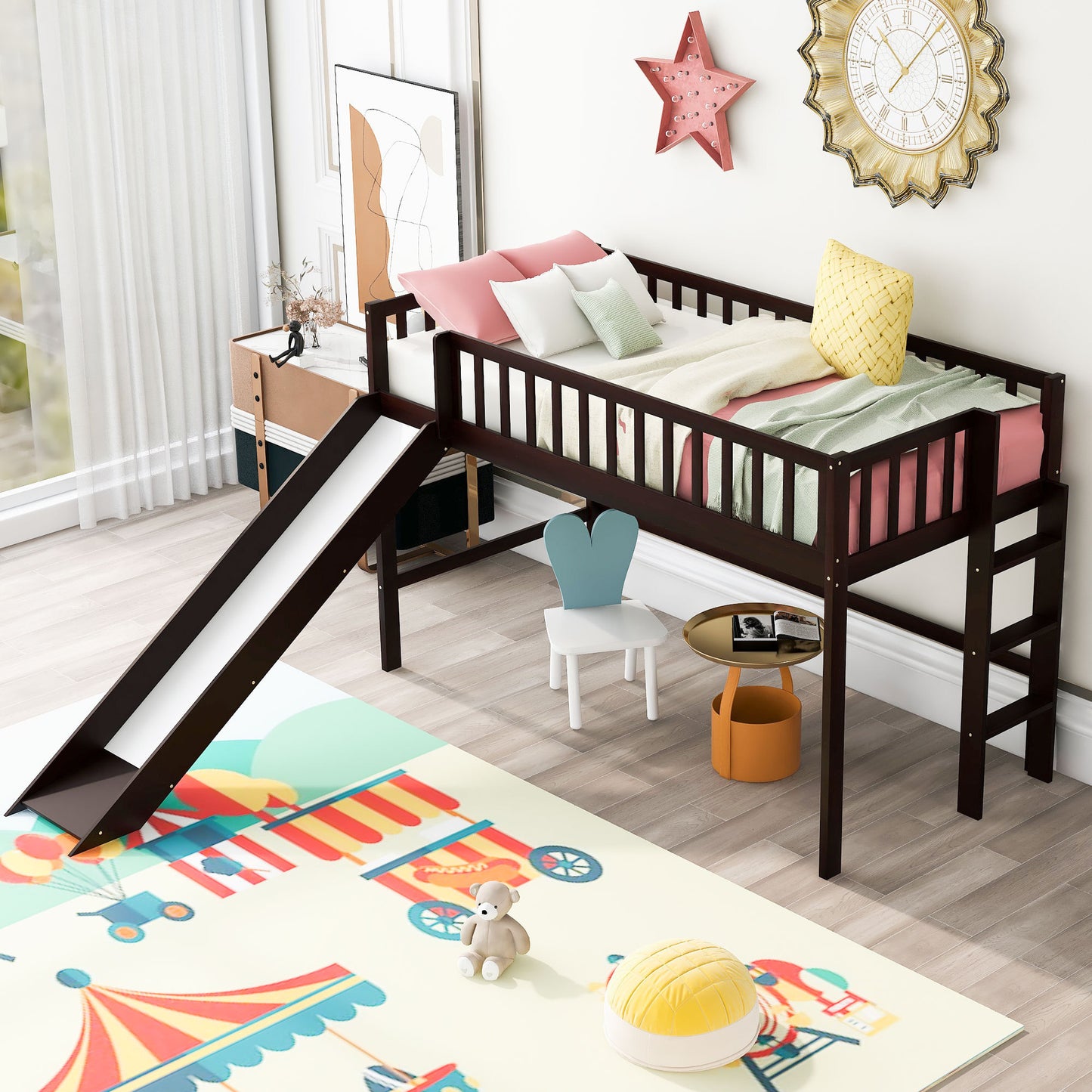 Twin Size Low Loft Bed with Ladder and Slide, Espresso(OLD SKU:WF196418AAP)