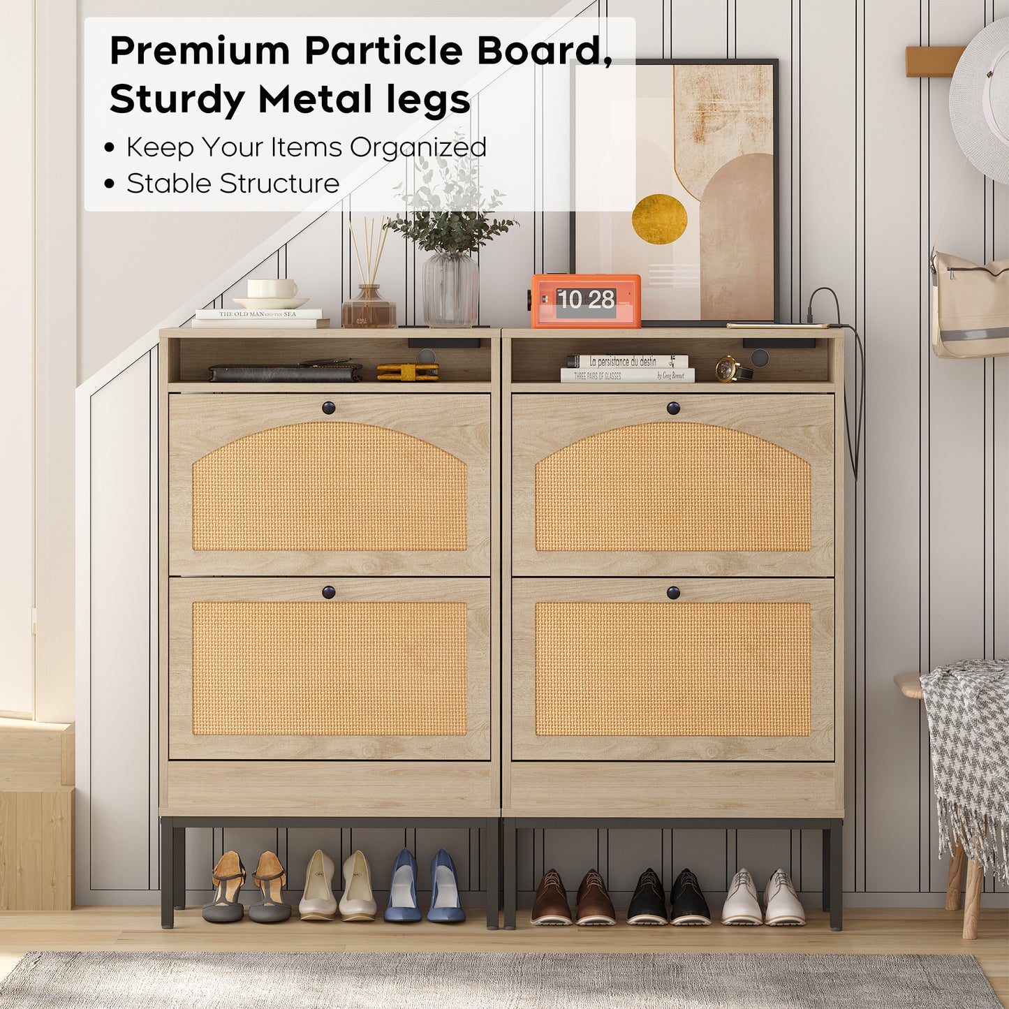 Shoe Storage Cabinet with Rattan Flip Doors