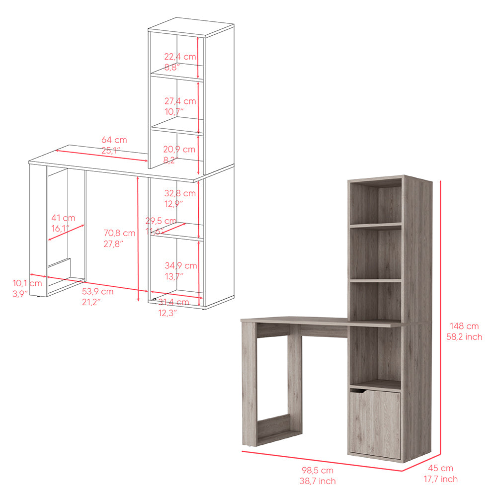 Gray Computer Desk with Bookcase, Single Door Cabinet, and 4-Tier Shelf