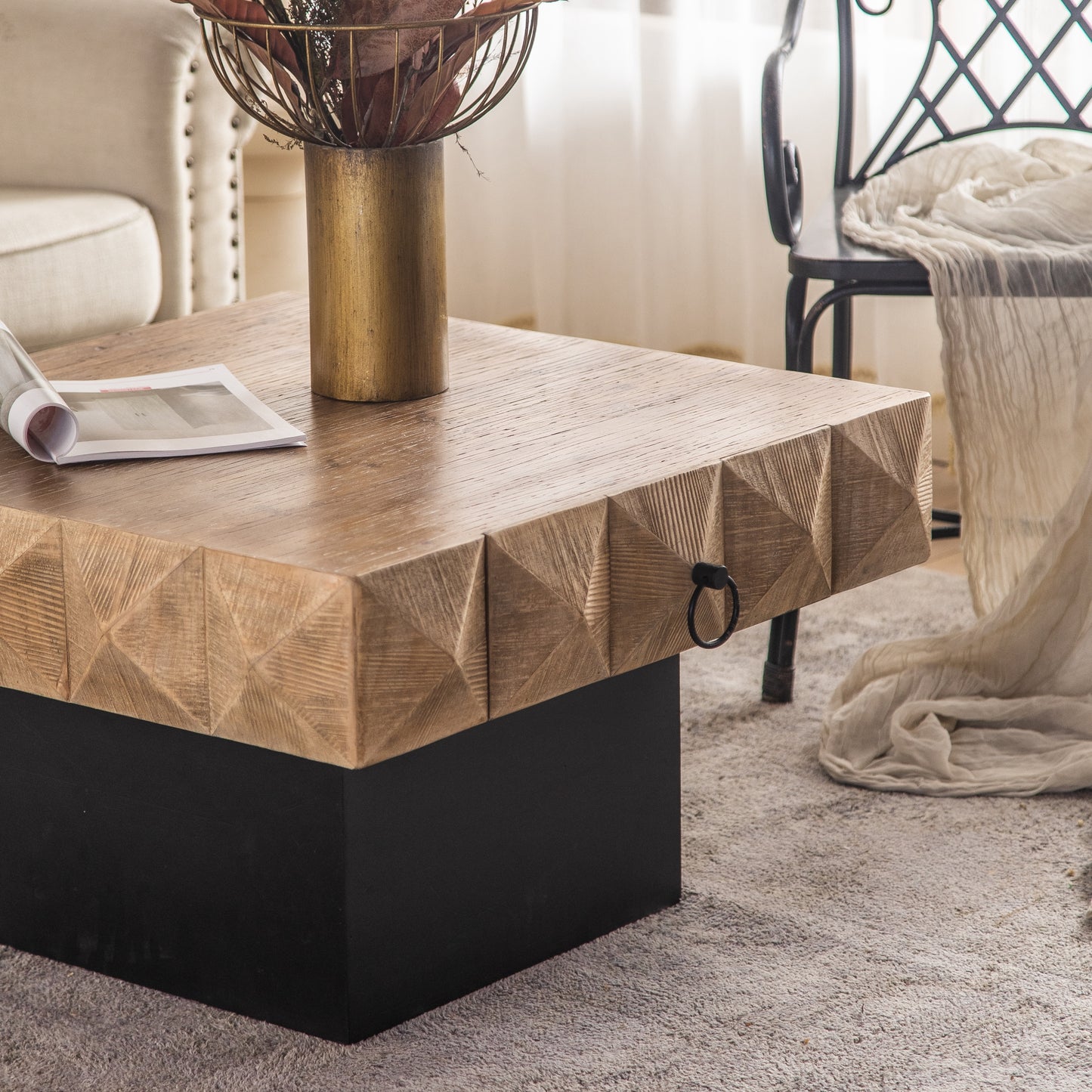 Square Vintage Coffee Table with 3D Embossed Pattern, Drawers, and Solid Wood Base