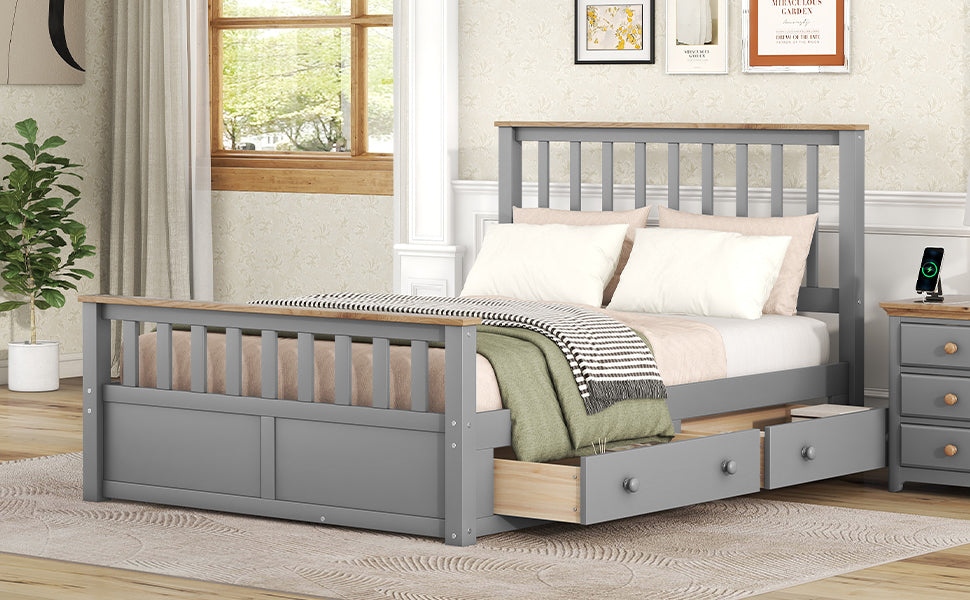 Full Size Wood Platform Bed with Two Drawers and Wooden Slat Support,Gray+Natrual