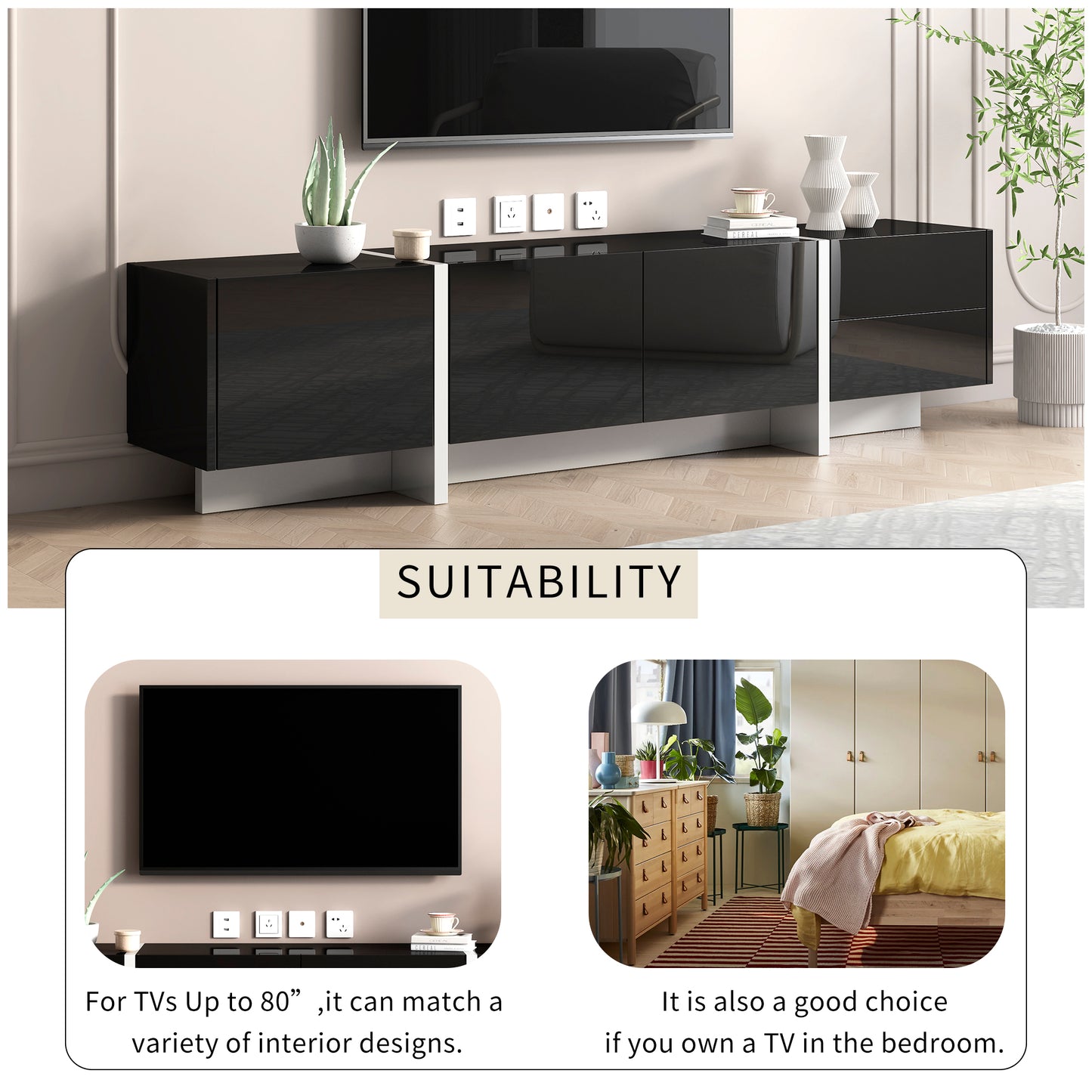 Contemporary High Gloss Black and White TV Stand with Ample Storage for TVs Up To 80