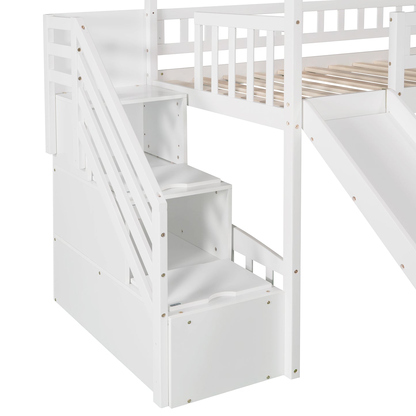 Twin Loft Bed with Two Drawers and Slide, House Bed with Slide, White