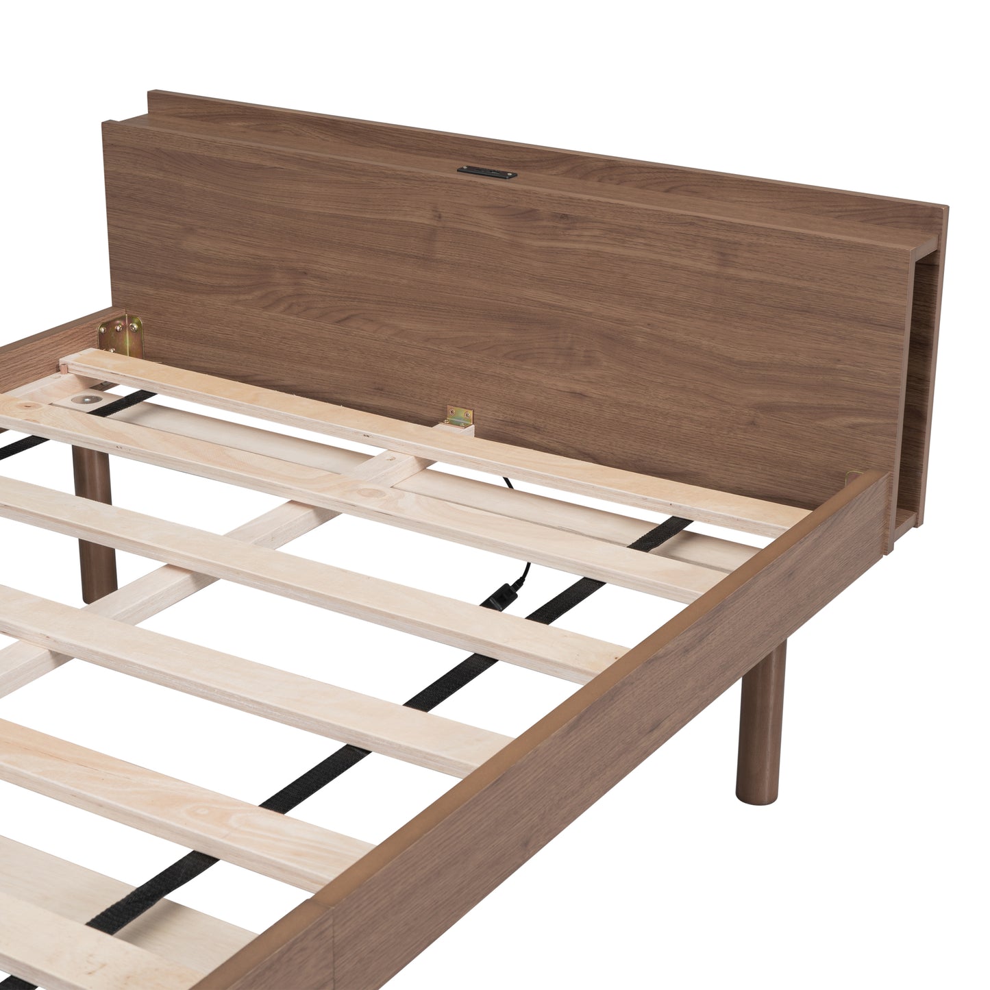 Modern Design Twin Size Platform Bed Frame with Built-in USB port for Walnut Color