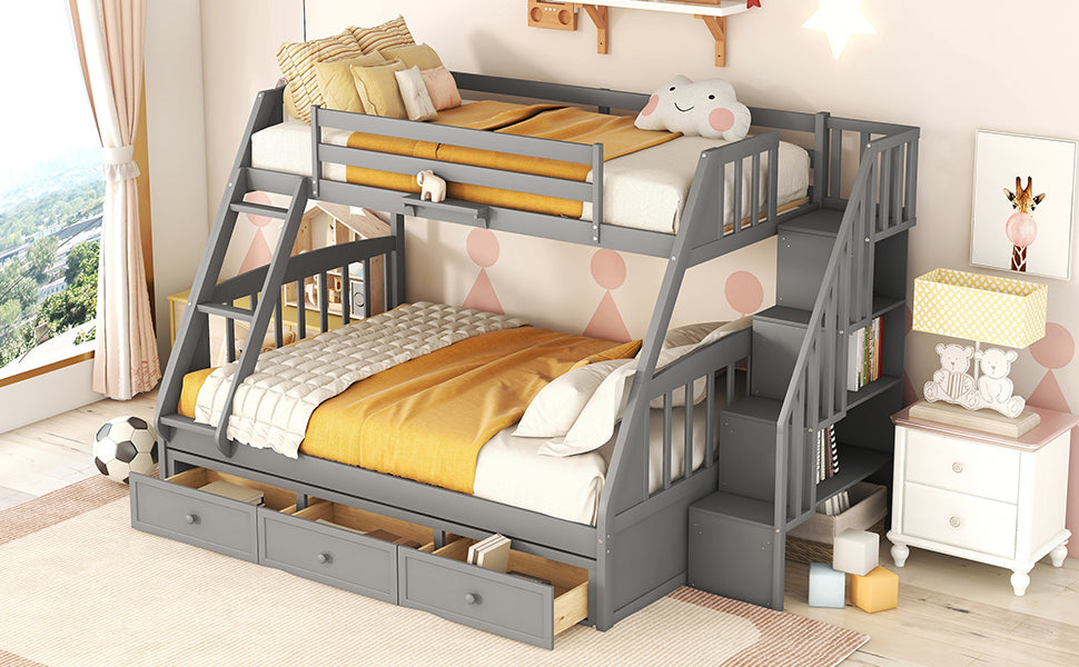 Gray Twin-Over-Full Bunk Bed with Storage Staircase, Ladder, and Drawers