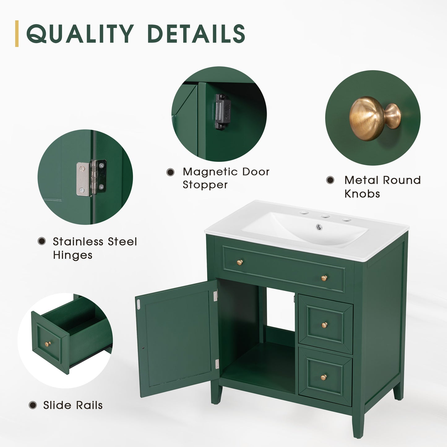 30" Bathroom Vanity with Sink Top, Bathroom Vanity Cabinet with Door and Two Drawers, Solid Wood Frame, One Package, Green