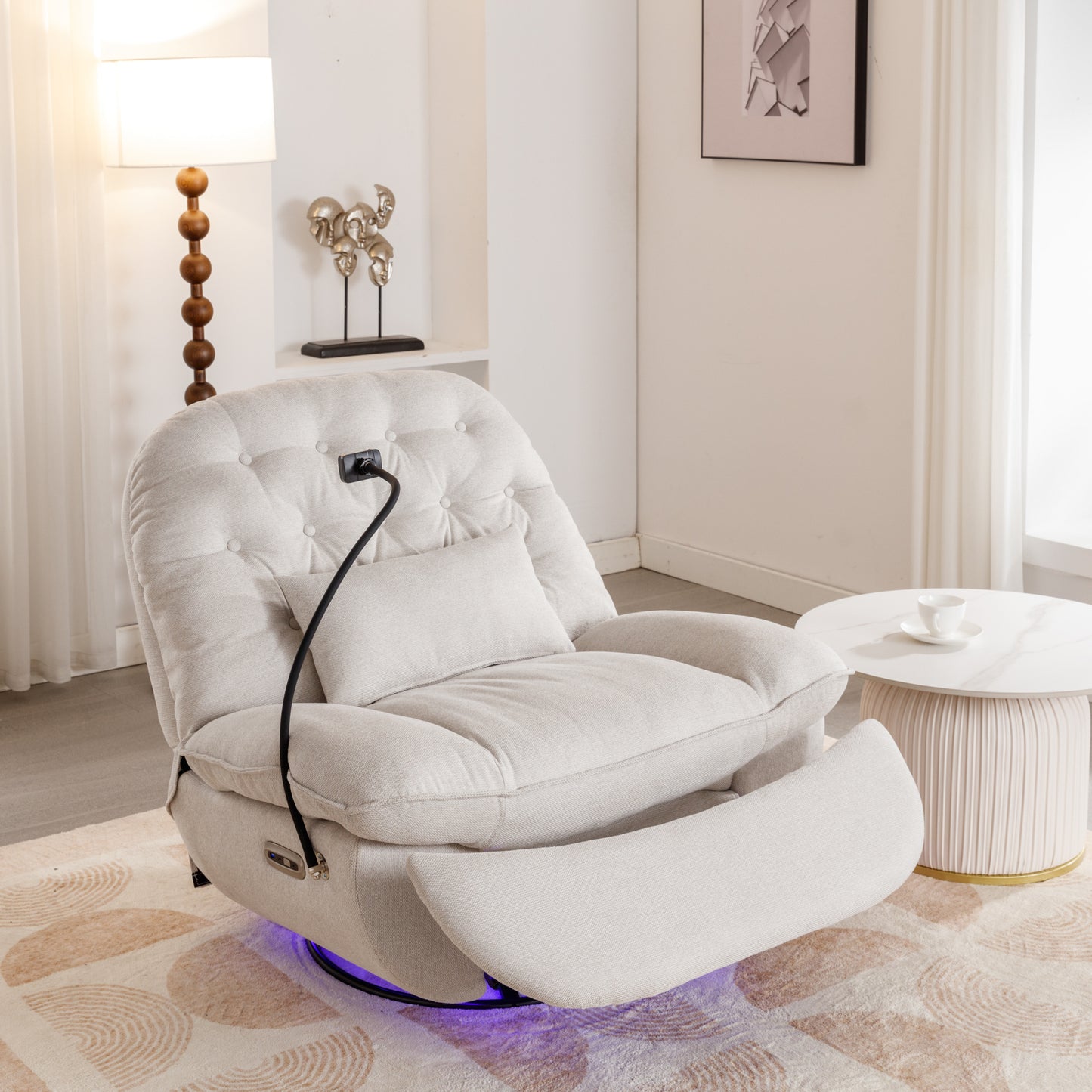 Smart Beige Power Recliner with Swivel, Voice Control, Bluetooth, USB Ports, Atmosphere Lamp, and Mobile Phone Holder