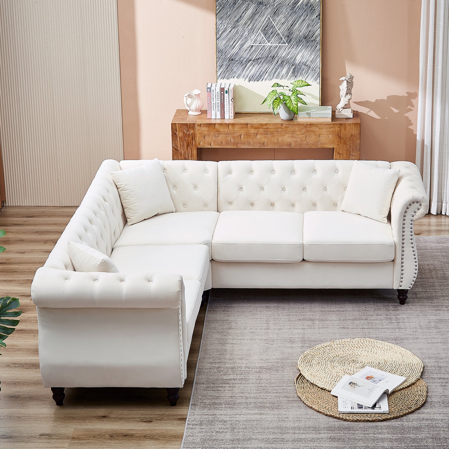 Oversized L-Shaped Sectional Sofa with Metallic Legs and 3 Pillows