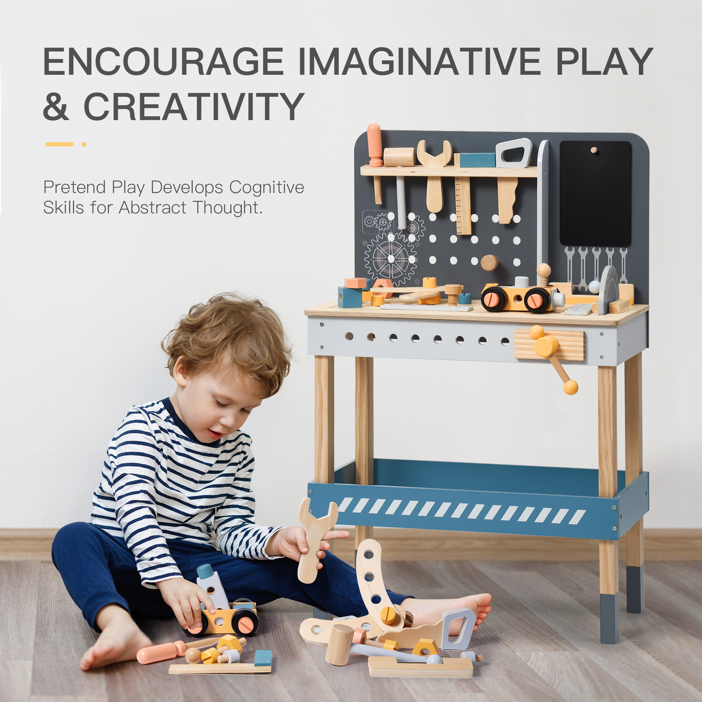 Kids' DIY Wooden Workbench with Blackboard and Tool Playset