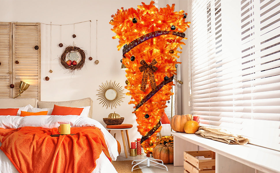 Upside Down Halloween-Inspired 7.5 FT Tree with Orange Foliage and LED Lights