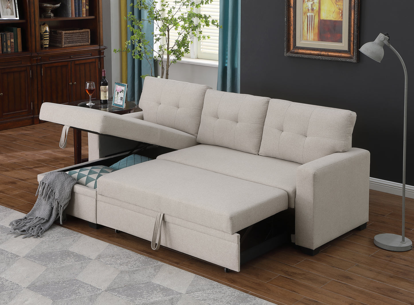 Upholstered Pull out Sectional Sofa with Chaise