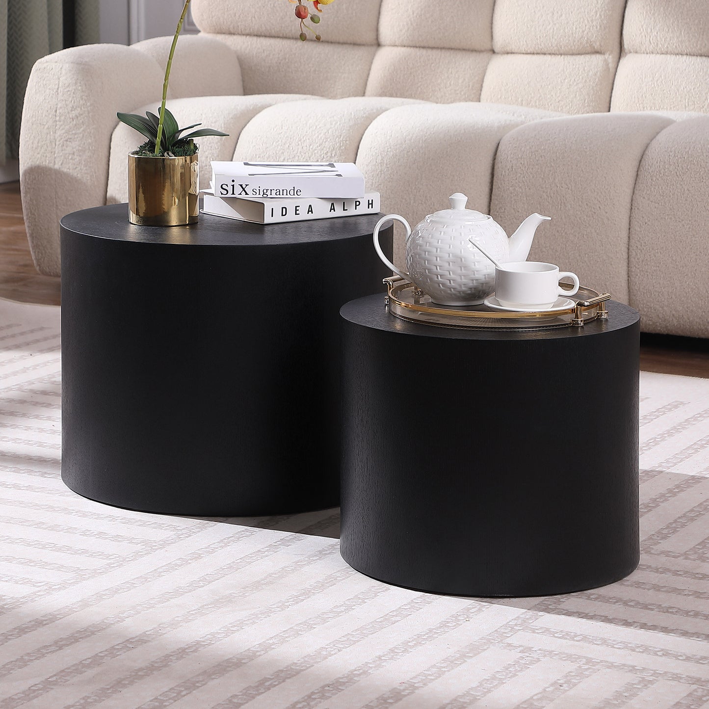 Black MDF Side Table Set of 2 with Veneer Finish for Home and Office