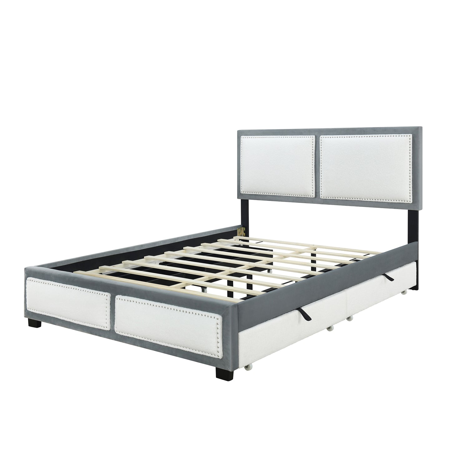 Queen Size Upholstered Platform Bed with Large Rivet-decorated Backrests and 4 Drawers, Velvet matched with Teddy Fleece, Gray+White