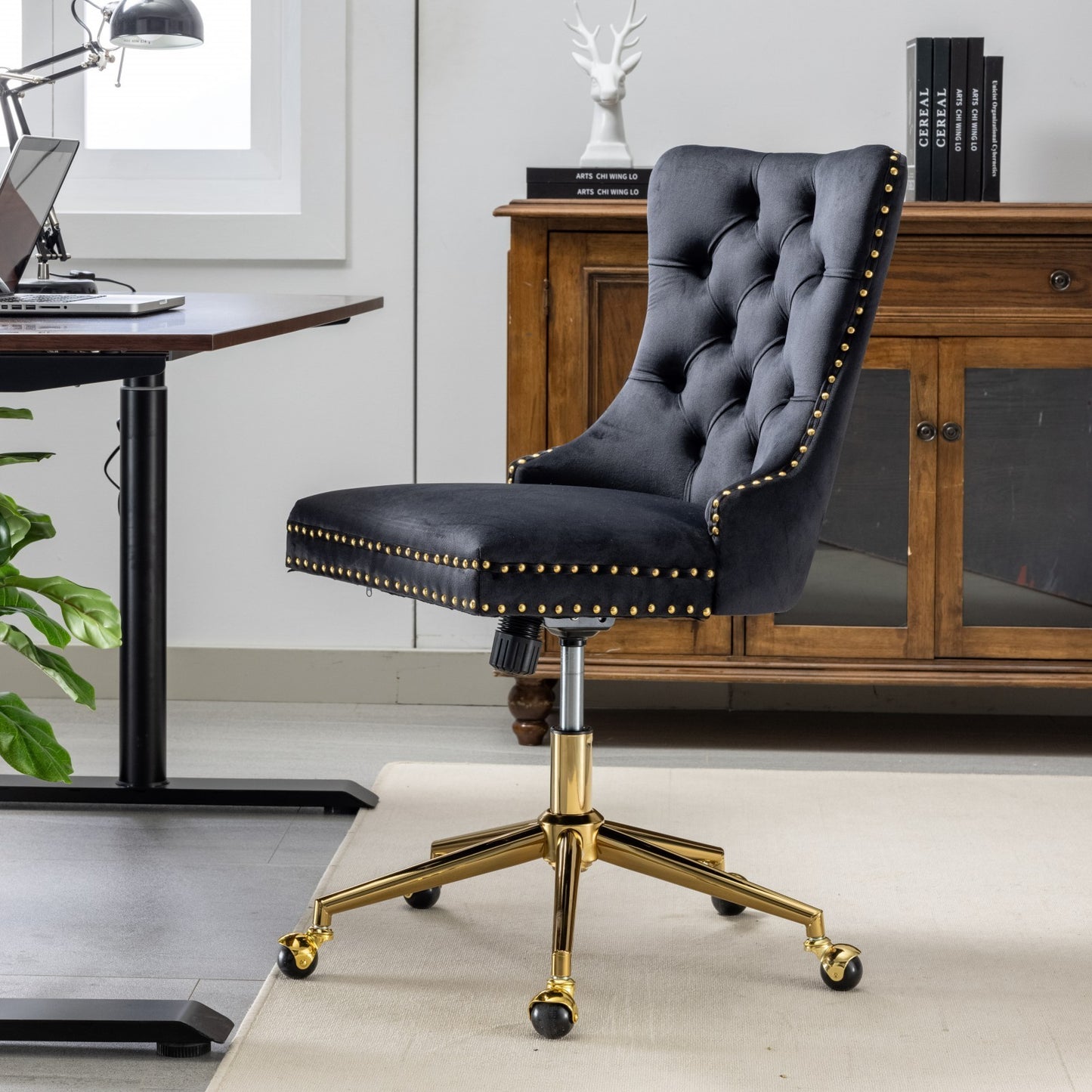 A&A Furniture Office Chair,Velvet Upholstered Tufted Button Home Office Chair with Golden Metal Base,Adjustable Desk Chair Swivel Office Chair (Black)