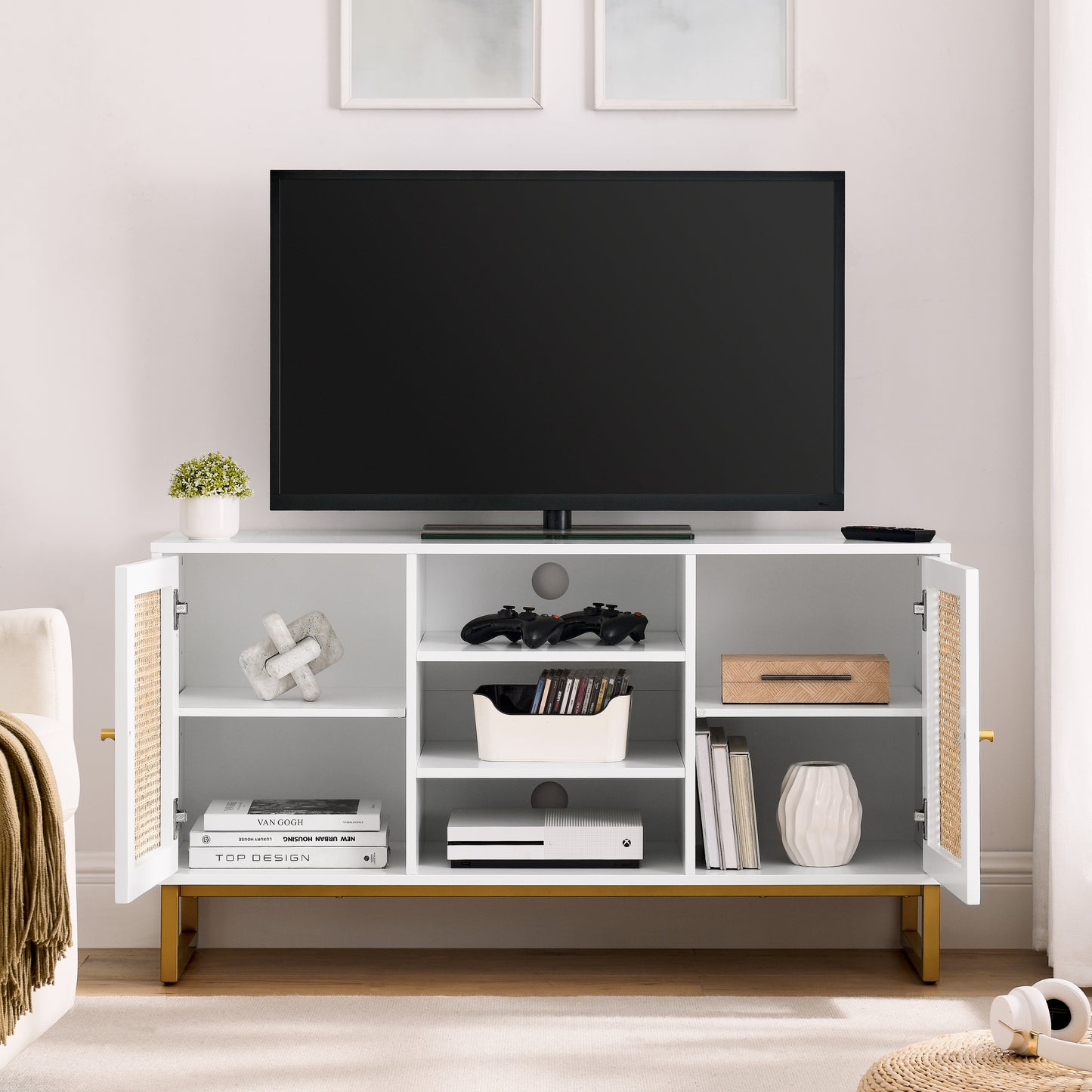 47 Inch White Rattan TV Stand with Adjustable Shelves and Metal Legs