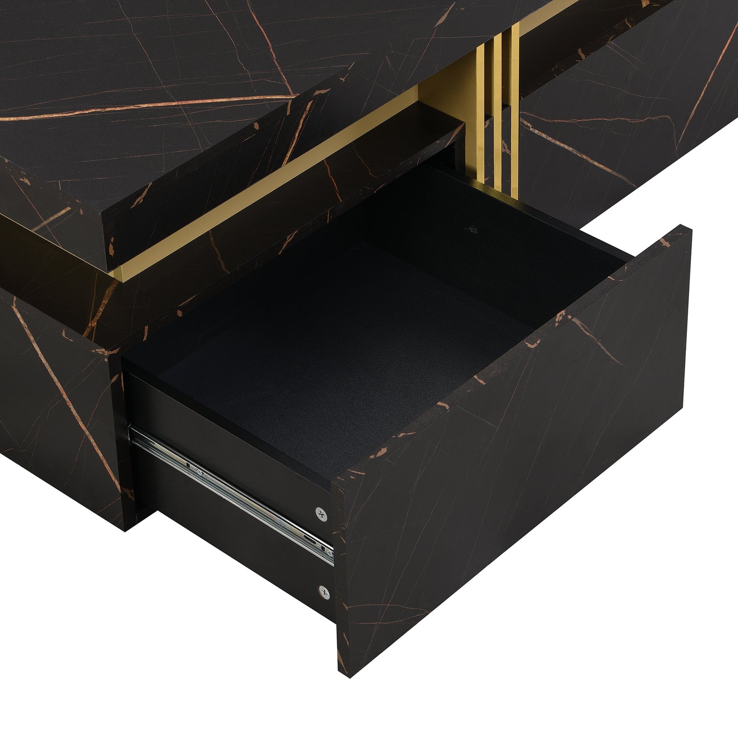 Contemporary Square Black Coffee Table with Gold Accents and Storage Drawers