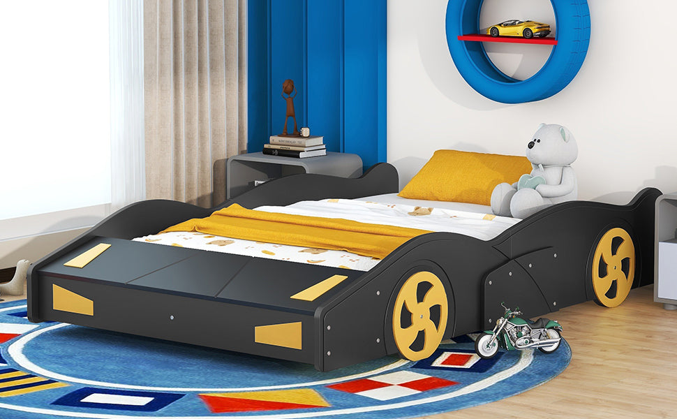 Full Size Race Car-Shaped Platform Bed with Wheels and Storage, Black+Yellow