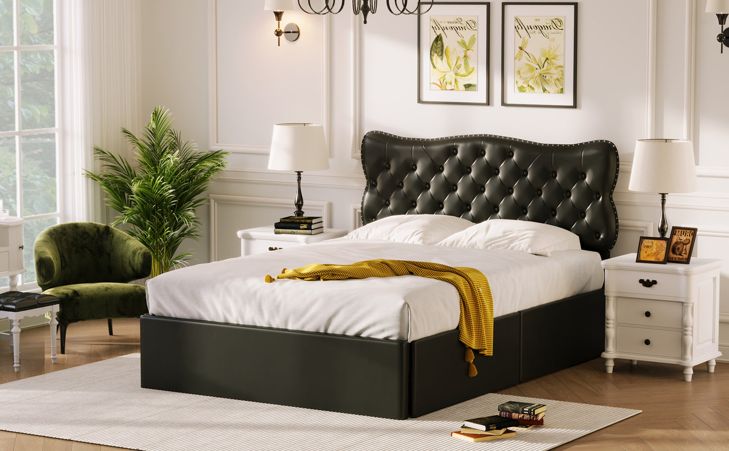 Full Size Bed Frame with 4 Storage Drawers,Leather Upholstered Platform Heavy Duty Bed,Wood Slat Support,Black