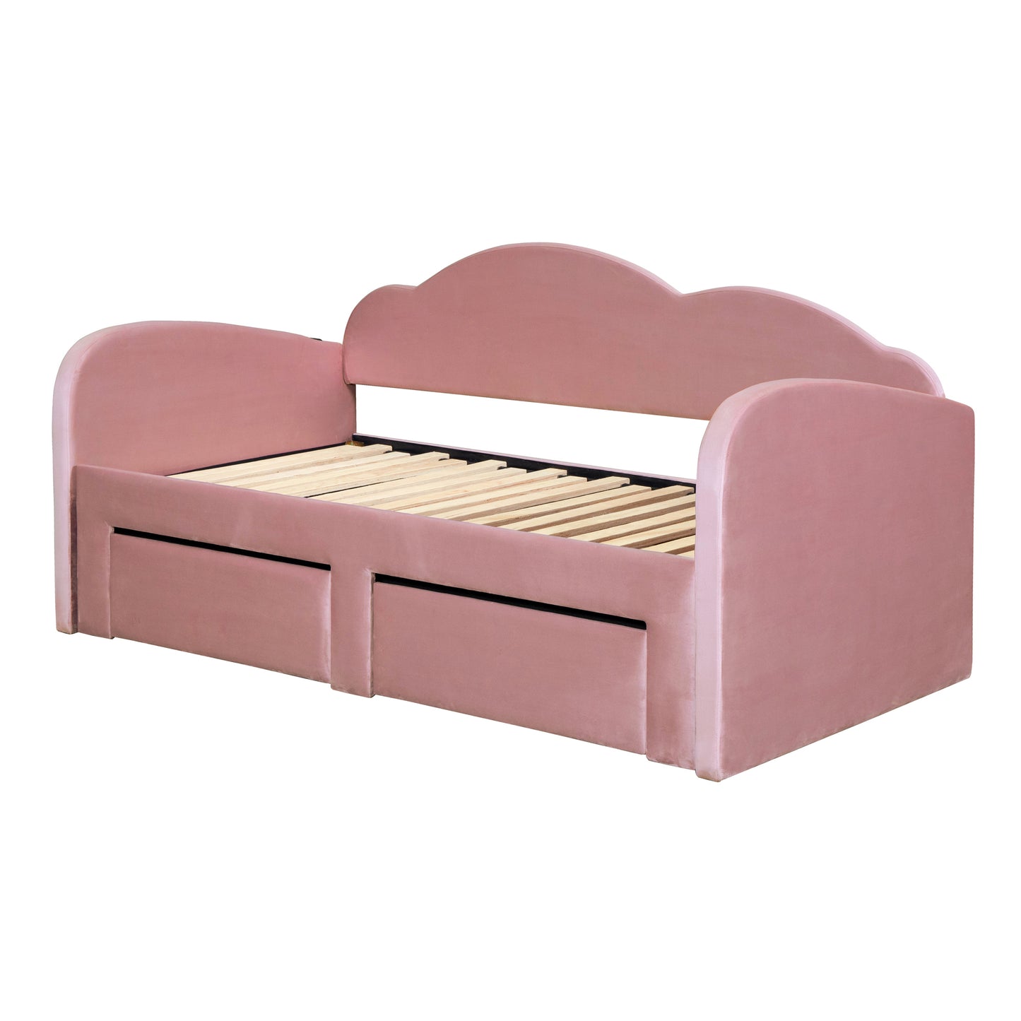 Twin Size Upholstered daybed with Cloud-Shaped Backrest, Trundle & 2 Drawers and USB Ports, Pink