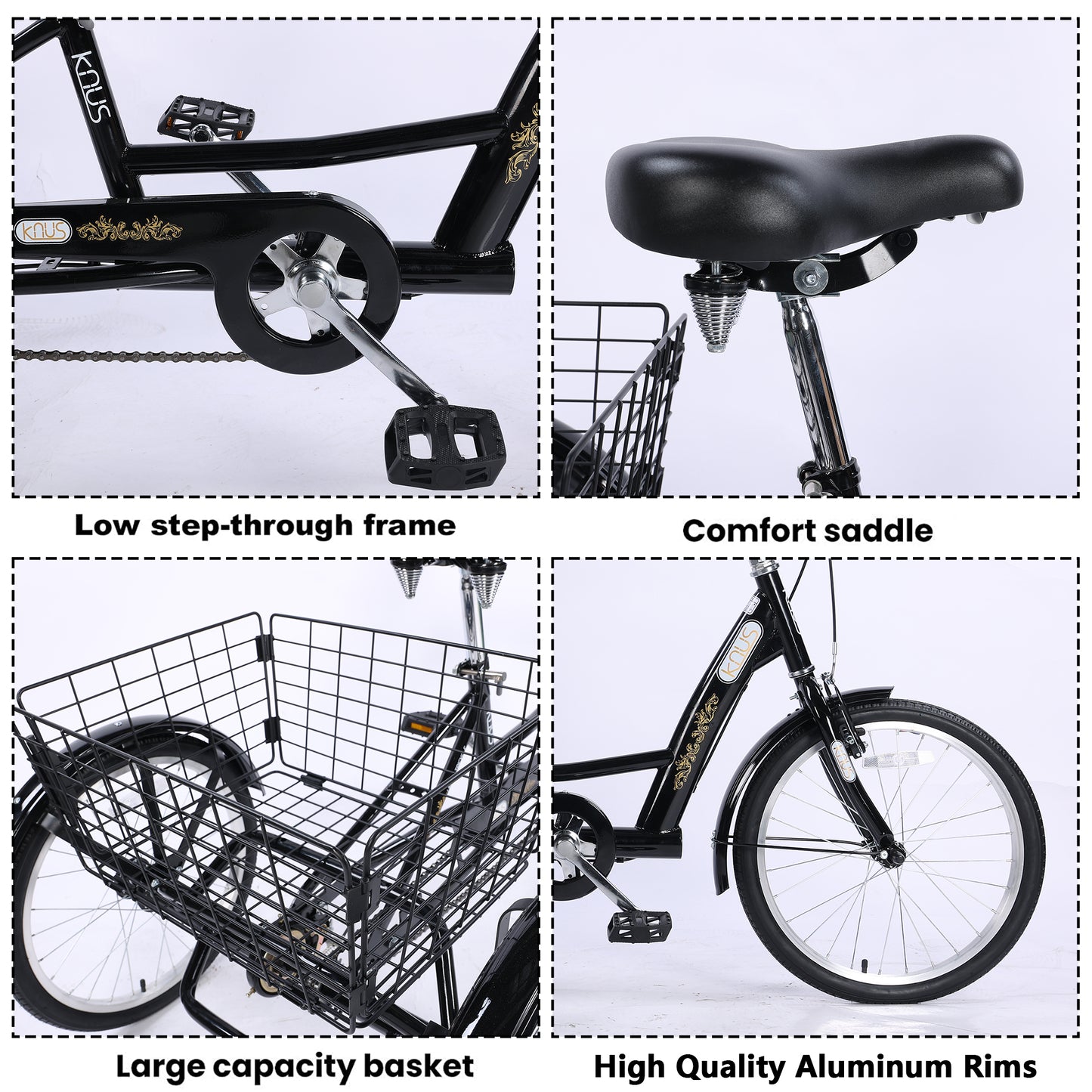 20" European Adult Tricycles 3 Wheel W/Installation Tools with Low Step-Through, Large Basket, Tricycle for Adults, Women, Men