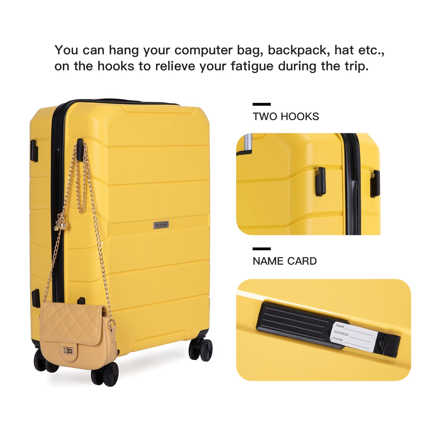 Hardshell Suitcase Spinner Wheels PP Luggage Sets Lightweight Durable Suitcase with TSA Lock,3-Piece Set (20/24/28) ,Yellow