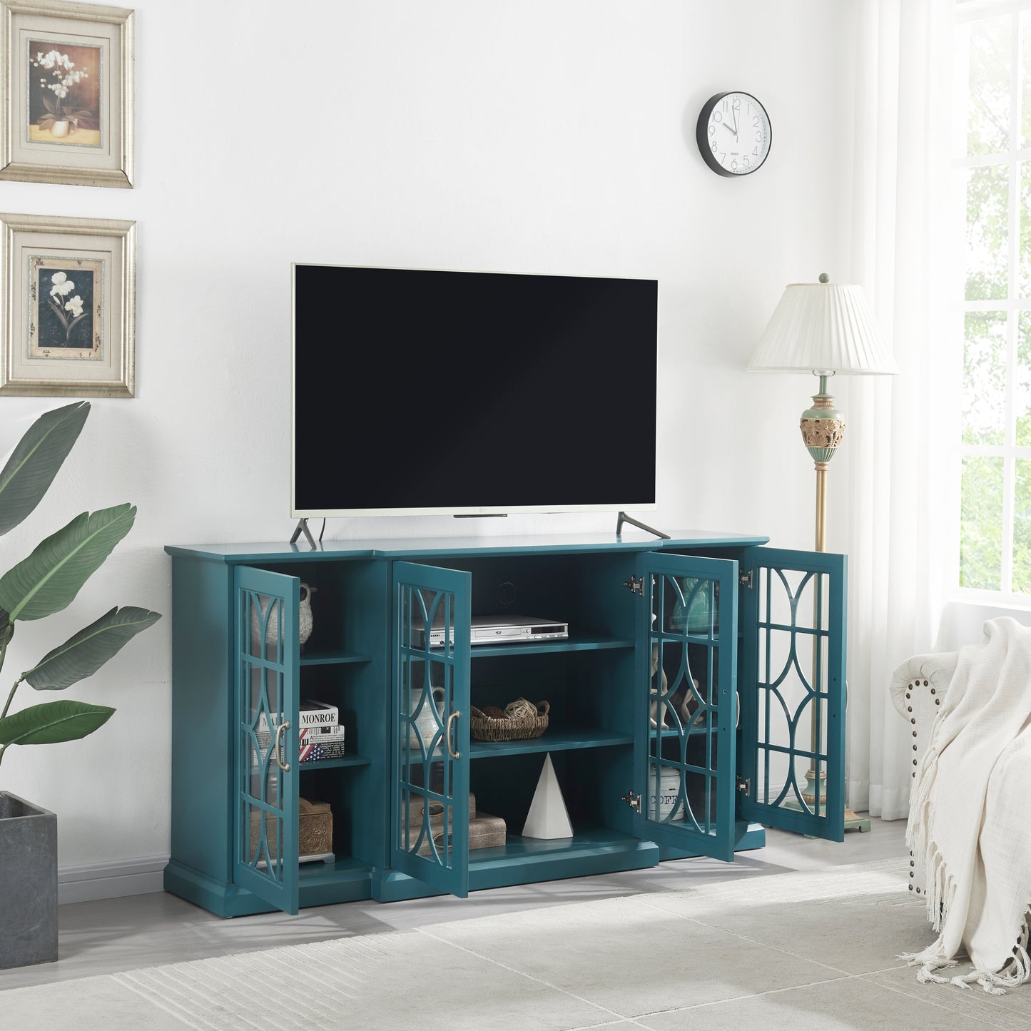 63 Teal Blue TV Stand and Storage Sideboard Buffet