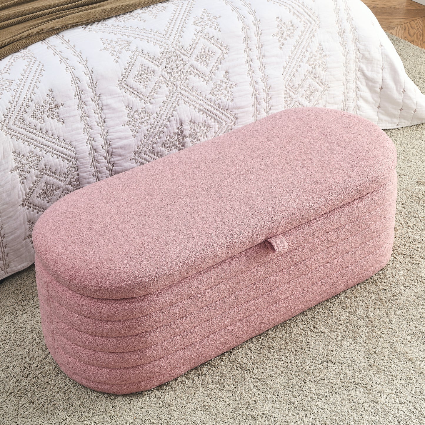 [Video] Welike Length 45.5 inchesStorage Ottoman Bench Upholstered Fabric Storage Bench End of Bed Stool with Safety Hinge for Bedroom, Living Room, Entryway, pink teddy.