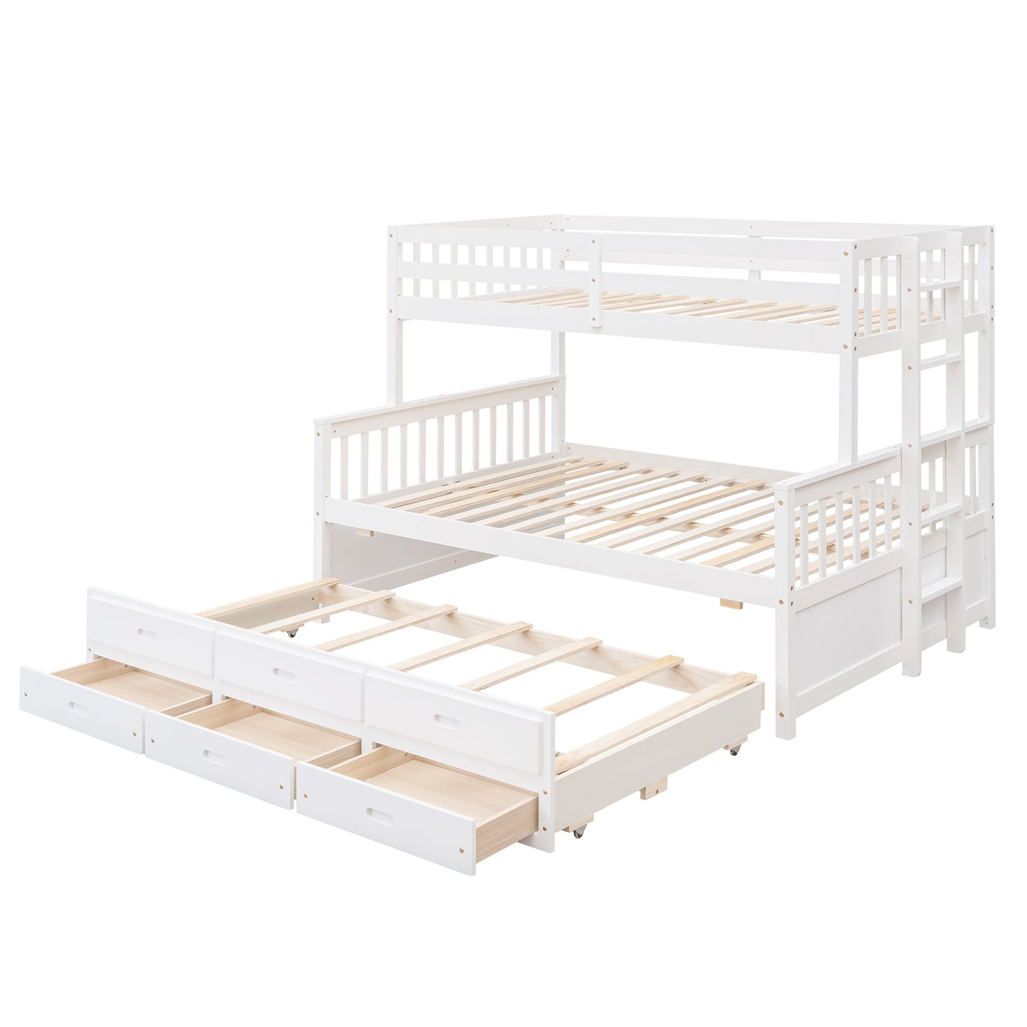 Playful Twin-Over-Full Bunk Bed with Trundle and Drawers - White