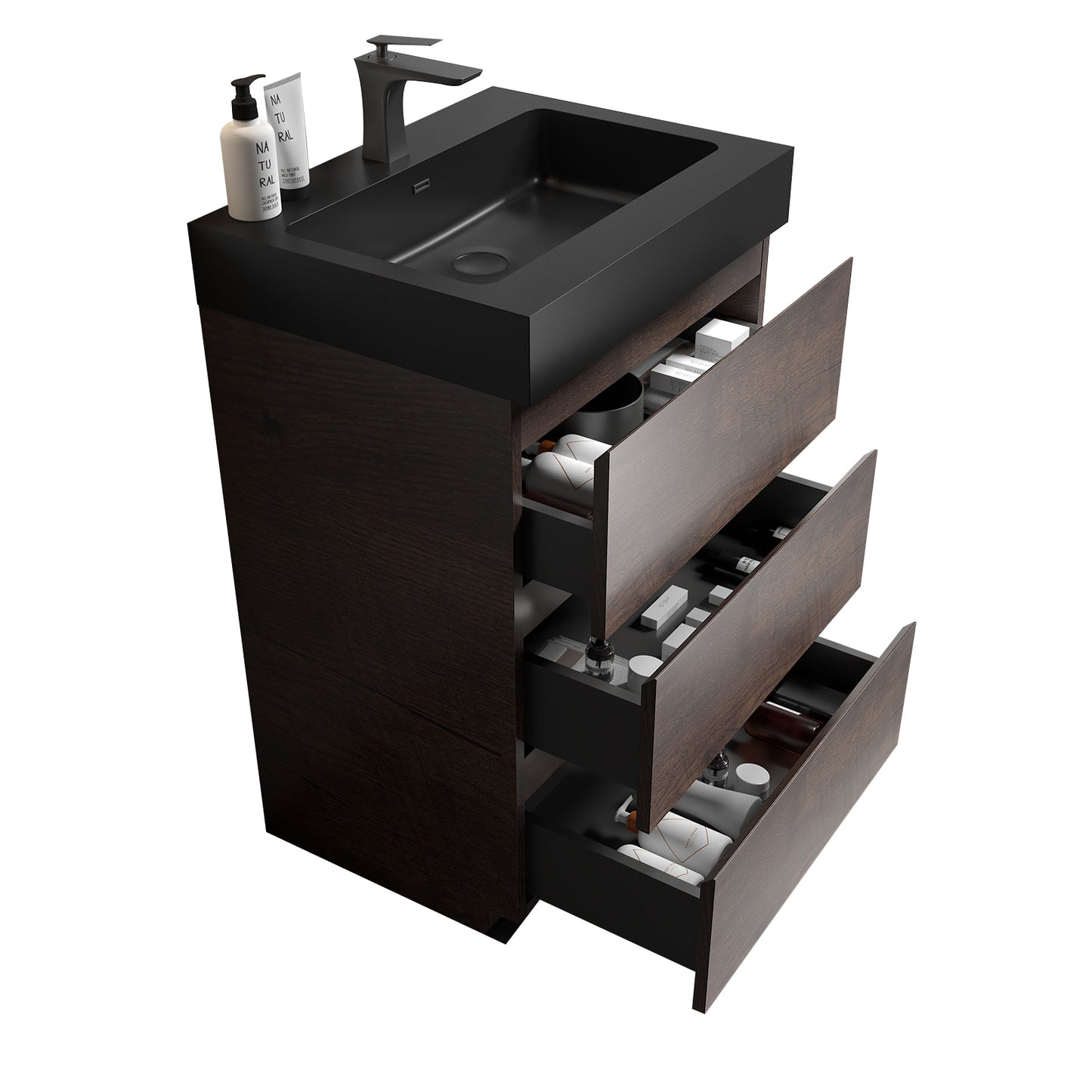 Alice-24F-105,Floor cabinet WITHOUT basin,Walnut color,With three drawers