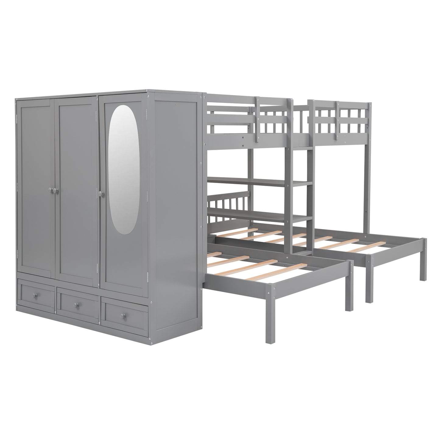 Gray Twin-Twin over Full Bunk Bed with Shelves, Wardrobe, Mirror