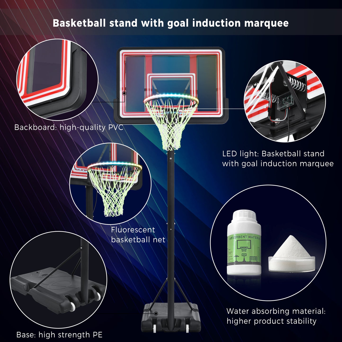 Portable Basketball Hoop Basketball System 4.76-10ft Height Adjustable for Youth Adults LED ights, Colorful lights, Waterproof Super Bright to Play at Night Outdoors,Good Gift for Kid