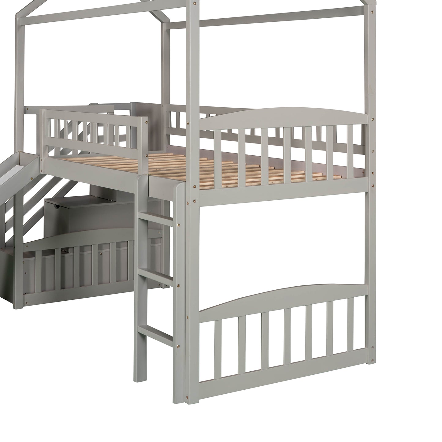 Twin Loft Bed with Two Drawers and Slide, House Bed with Slide, Gray