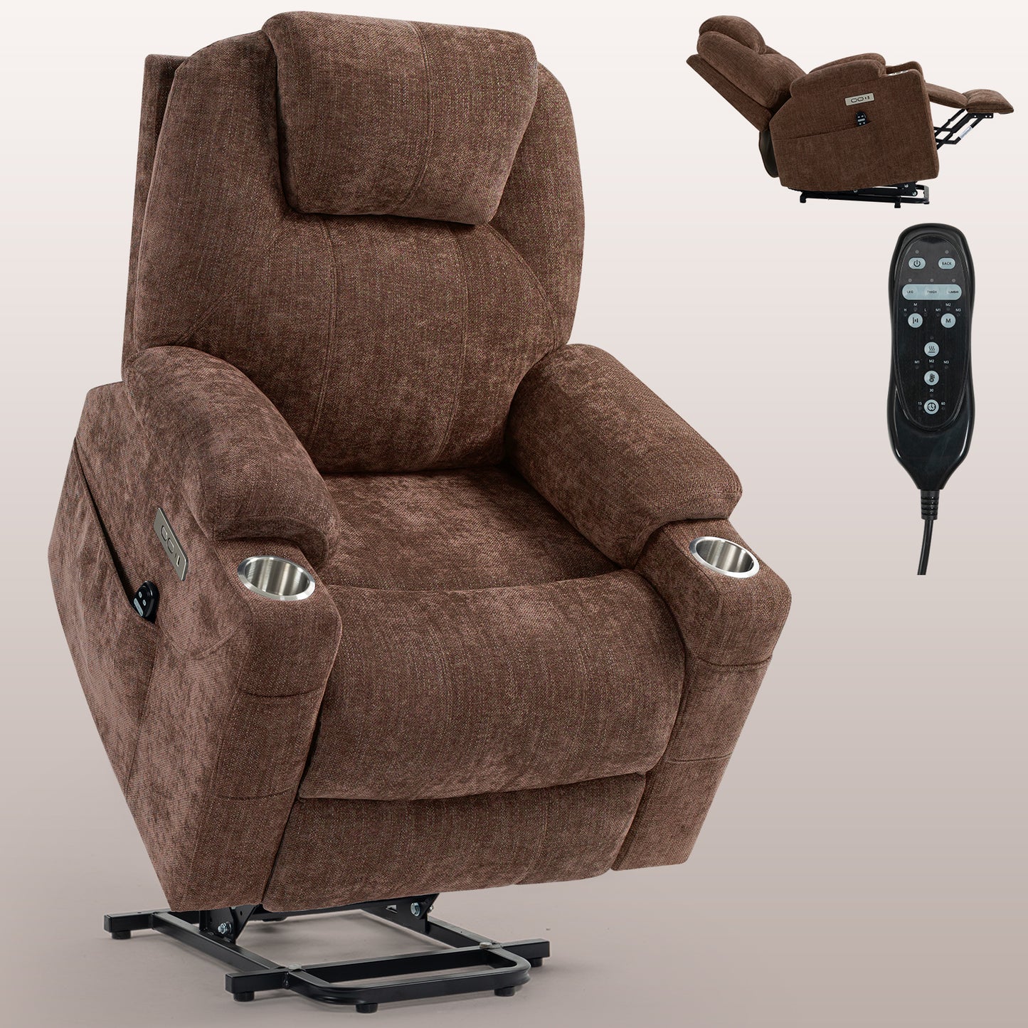 Okin Motor Chenille Power Lift Recliner Chair with Massage, Heating, USB Ports, and Cup Holders - Brown