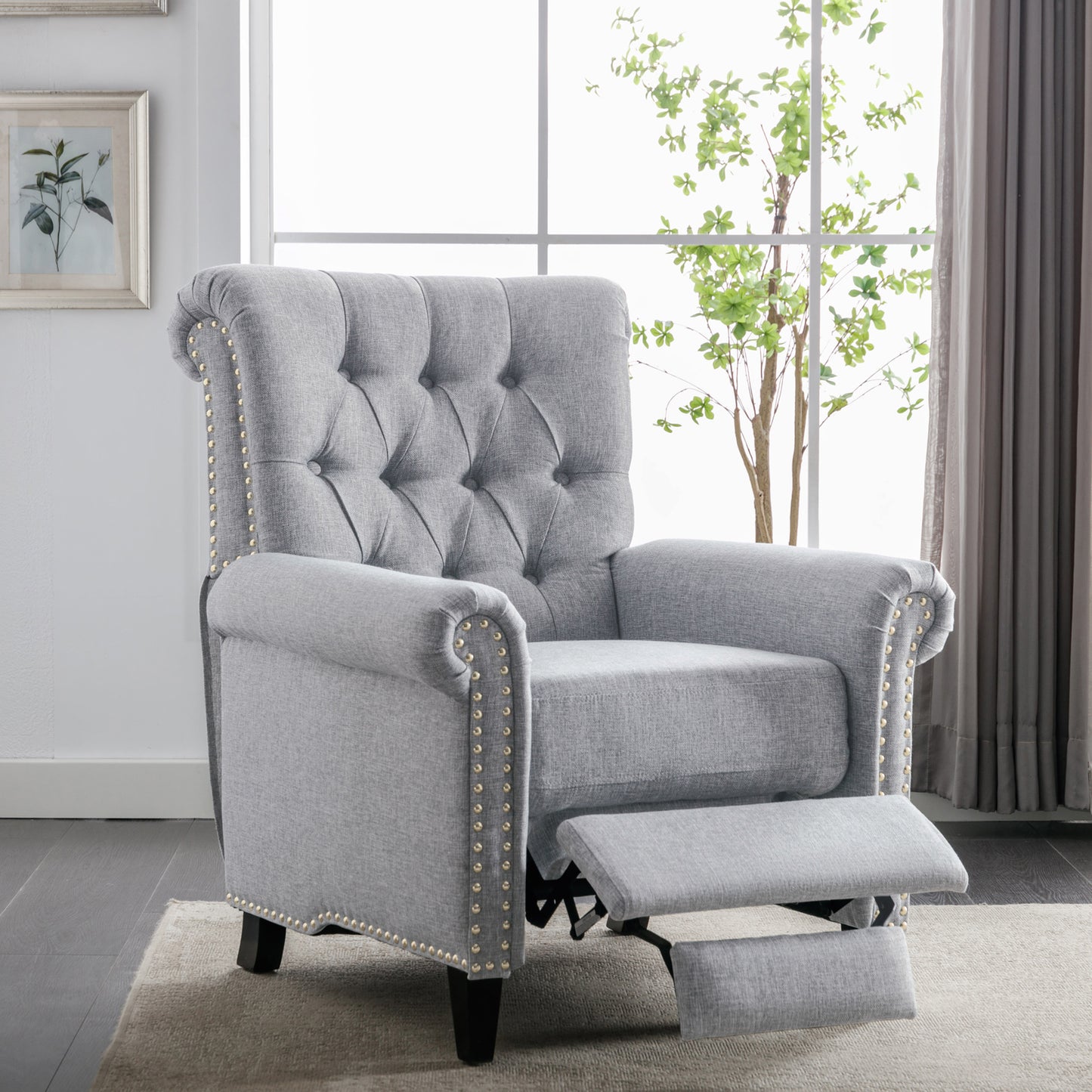 Elegant Gray Linen Recliner Sofa with Tufted Back and Nailheads Roll Arm