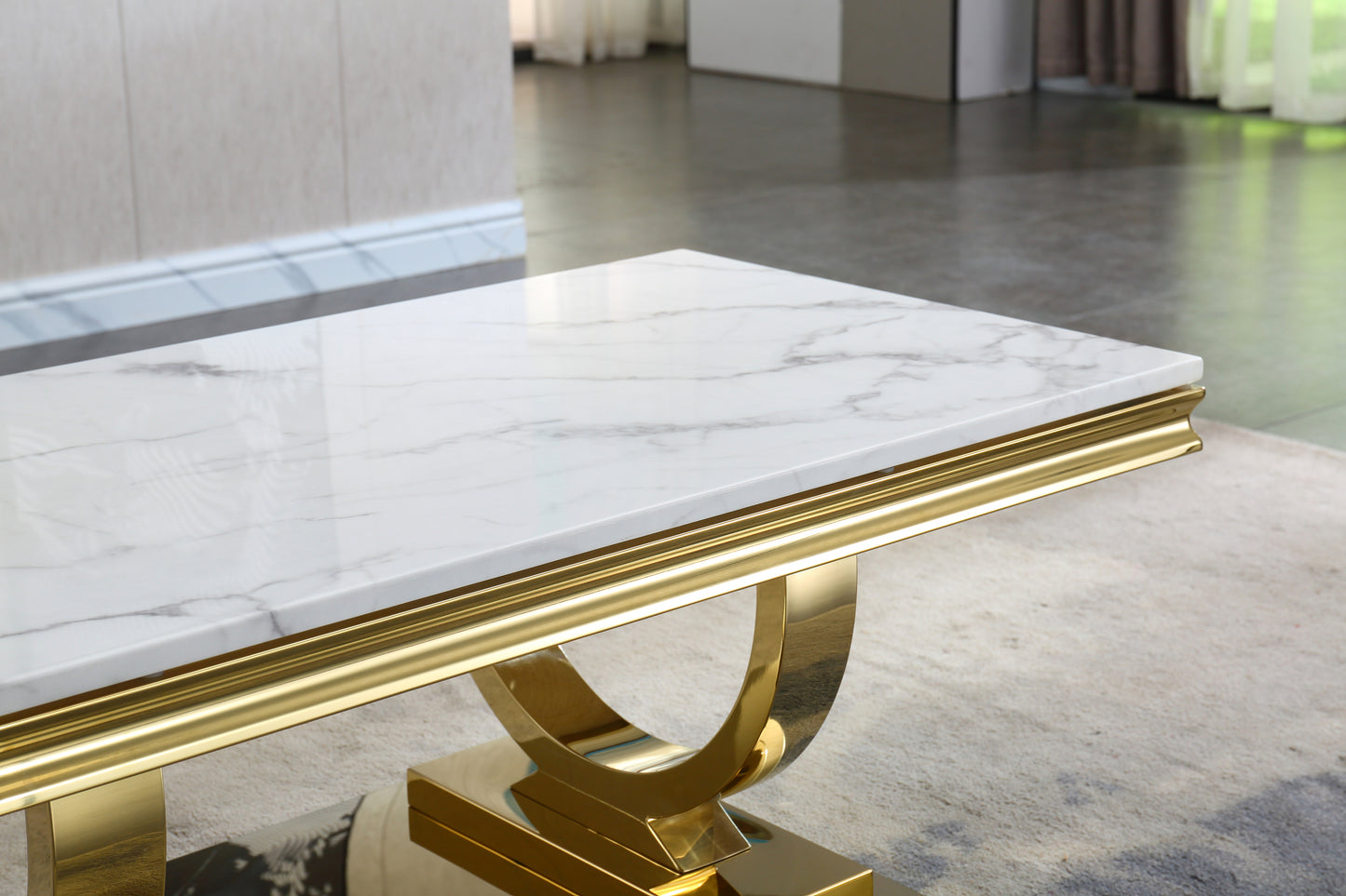 Elegant White Marble Coffee Table with Gold Mirrored Stainless Steel Base