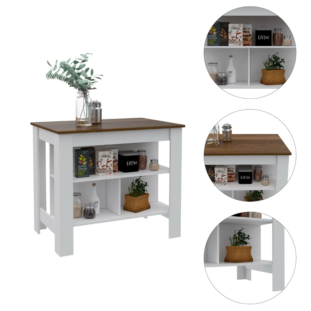 Sierra 7-Shelf 4-Door 2-piece Kitchen Set, Upper Wall Cabinet and Kitchen Island White and Walnut